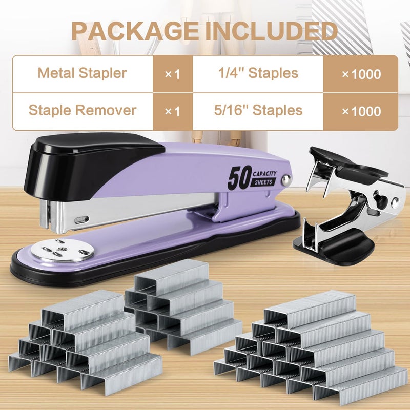 Deli Stapler Heavy Duty, Full Strip Staplers for Desk with 2000 Staples and Staple Remover, 50 Sheet Capacity, No Jam, Non-Slip Office Stapler with Staples for Office, Classroom, Purple - Image 3